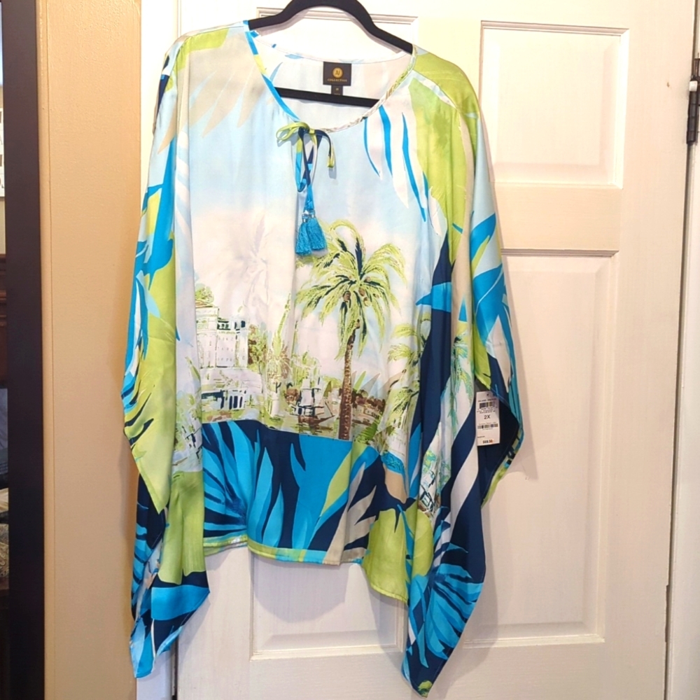 NWT Women's Tropical Print Poncho In A Seafoam Blue Combo, 2X